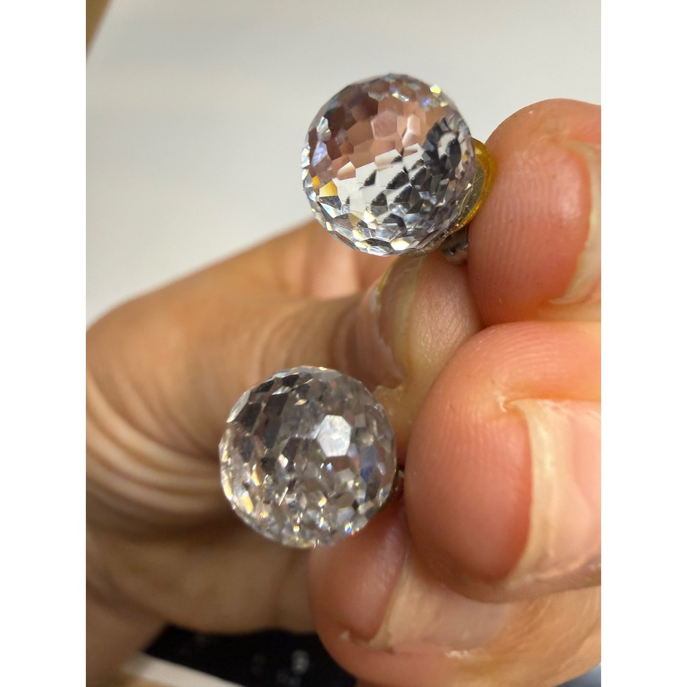 Faceted Clear Crystal Ball Stud Earrings Round Disco Sparkle Silver Tone Post